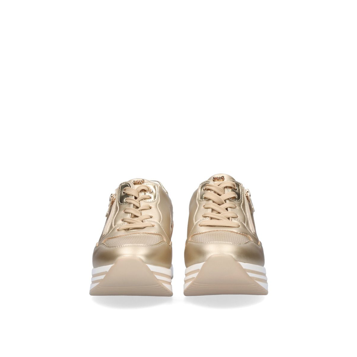Front view of Renato Garini EX24 gold platform sneakers with tonal laces, rounded toes and layered white soles