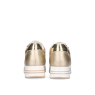 Rear view of Renato Garini EX24 gold platform sneakers showing metallic heel panels and gold-striped white soles