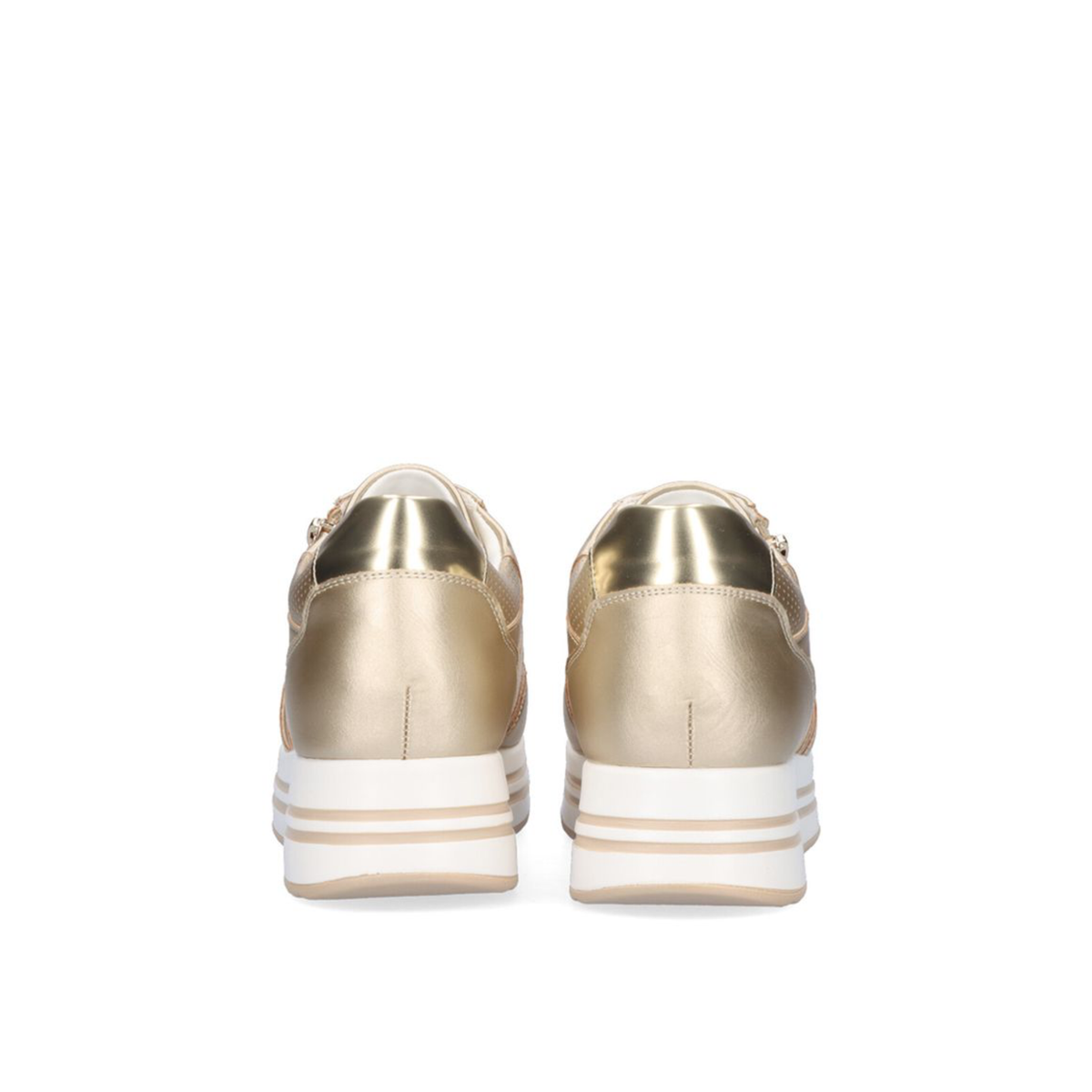 Rear view of Renato Garini EX24 gold platform sneakers showing metallic heel panels and gold-striped white soles