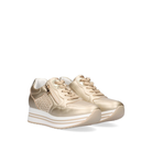 Pair of Renato Garini EX24 gold platform sneakers at a three-quarter angle, showing perforated panels and lace-up fronts