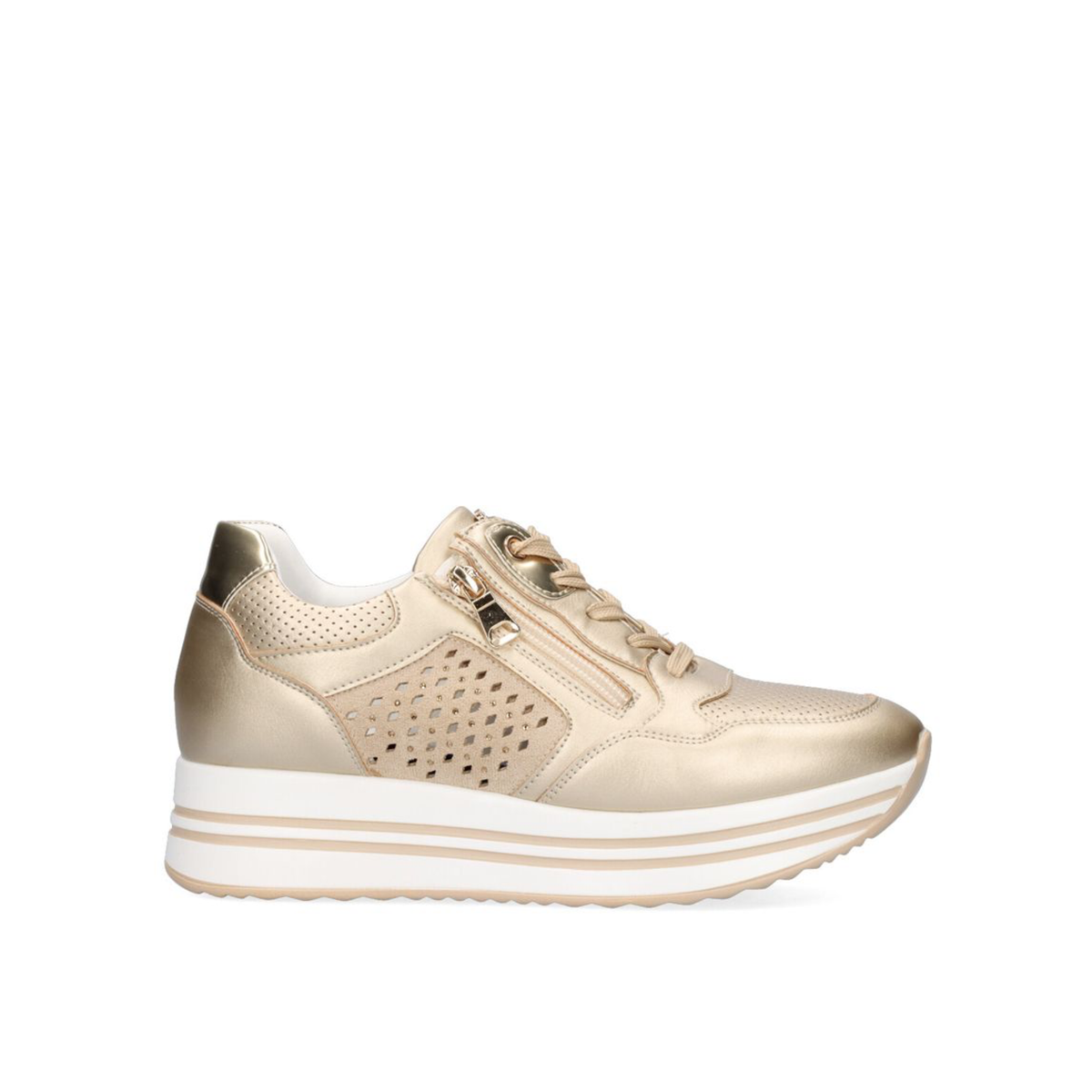Renato Garini EX24 metallic gold platform sneaker with perforated side panels, zip detail and striped sole, side profile