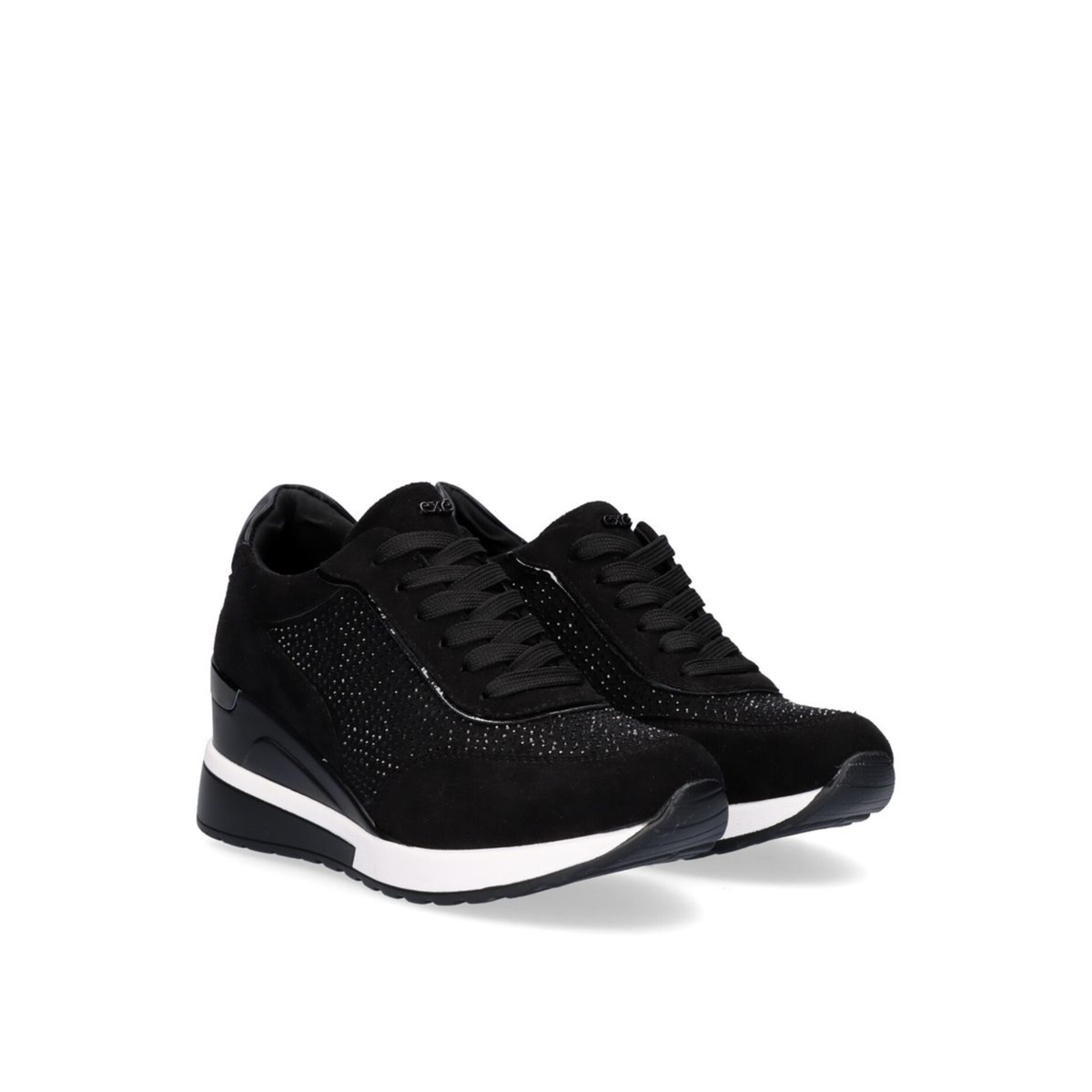 Renato Garini EX25 black embellished wedge sneakers, pair shown at a three-quarter angle with lace-up fronts.