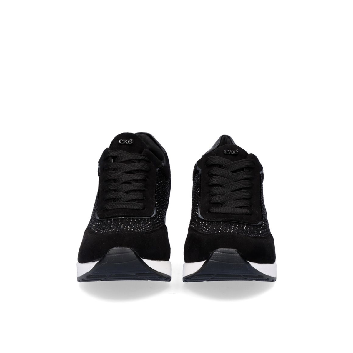 Renato Garini EX25 black embellished wedge sneakers, front view of the pair showing rounded toes and laces.