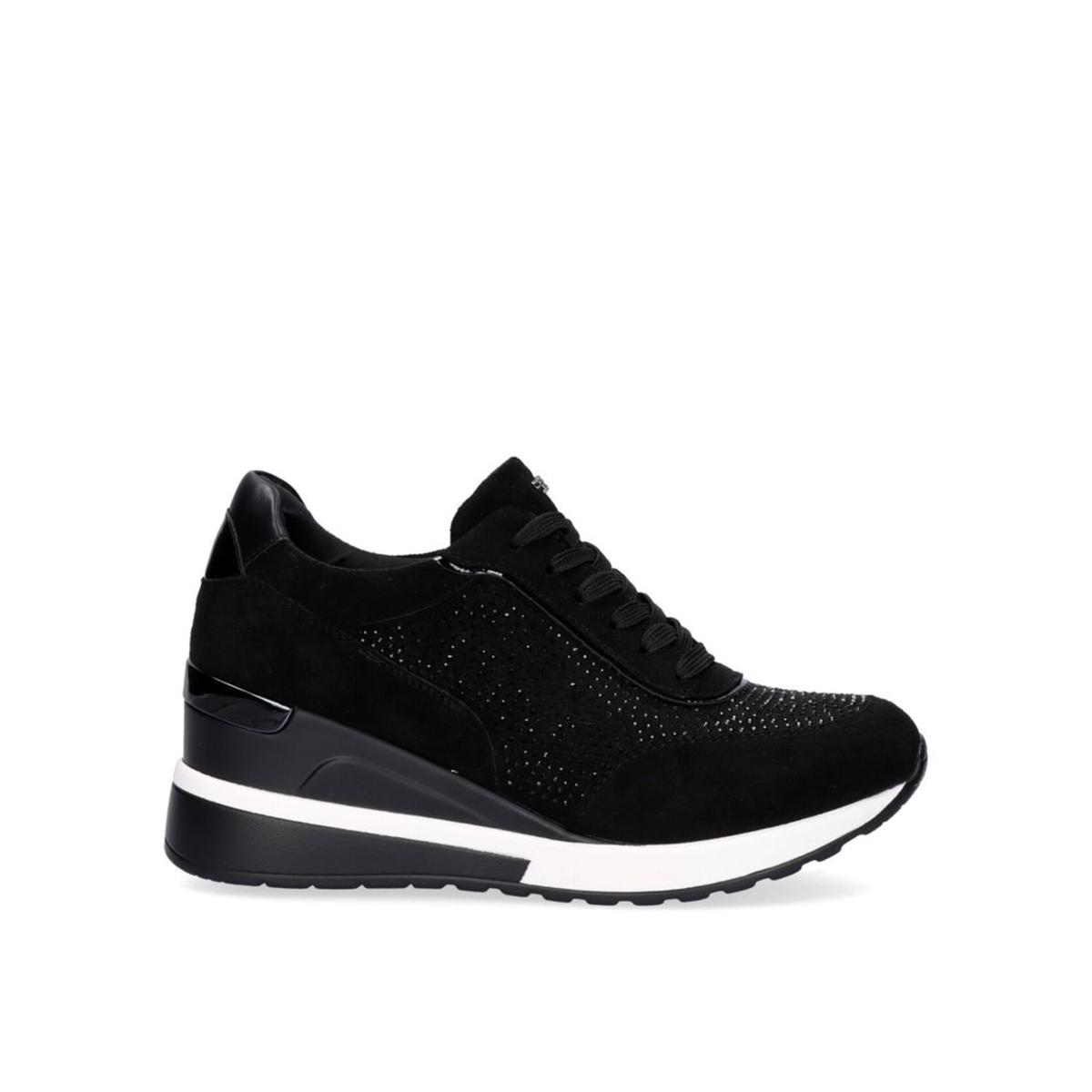 Renato Garini EX25 black embellished wedge sneaker, outside profile with white contrast sole.