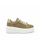 Renato Garini EX29 woven platform sneaker in natural beige with metallic gold heel counter and crystal charm lace detail