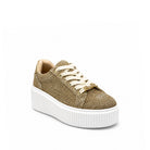 Renato Garini EX29 woven platform sneaker in natural beige with metallic gold heel counter and crystal charm lace detail