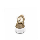 Renato Garini EX29 woven platform sneaker in natural beige with metallic gold heel counter and crystal charm lace detail