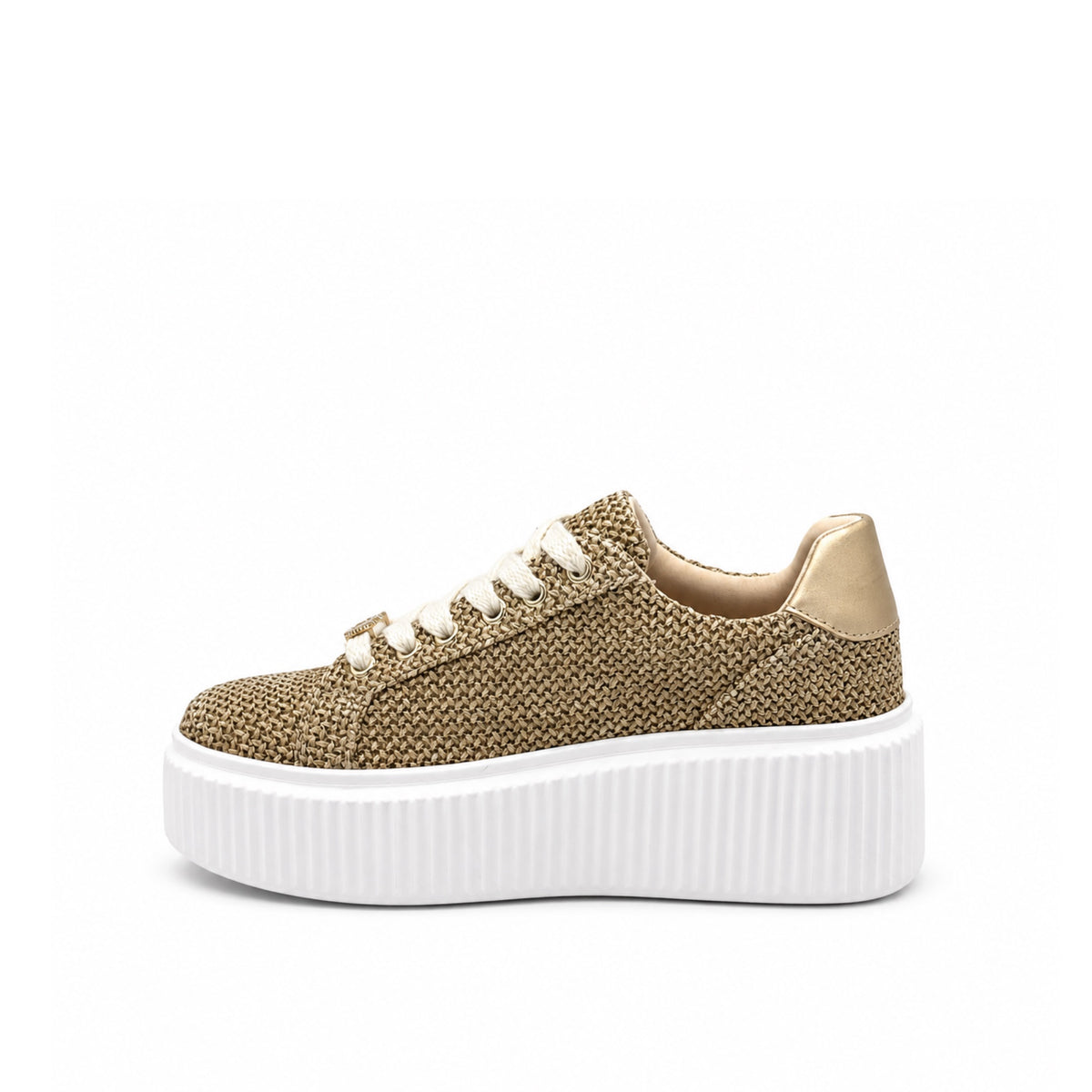 Renato Garini EX29 woven platform sneaker in natural beige with metallic gold heel counter and crystal charm lace detail