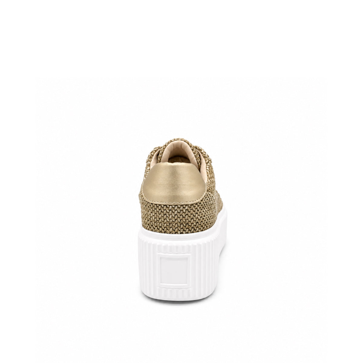 Renato Garini EX29 woven platform sneaker in natural beige with metallic gold heel counter and crystal charm lace detail