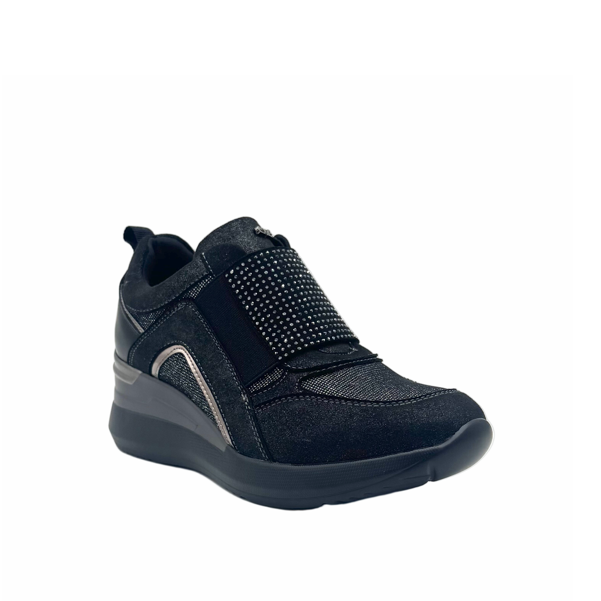 Renato Garini EX32 Pewter platform sneaker, three-quarter view showing the stone-embellished front panel and metallic accents.