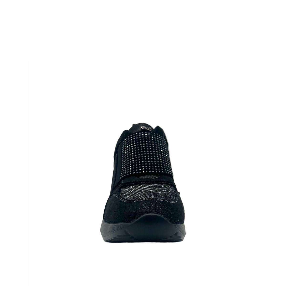 Renato Garini EX32 Pewter platform sneaker, front view showing the rounded toe and sparkling stone-embellished panel.