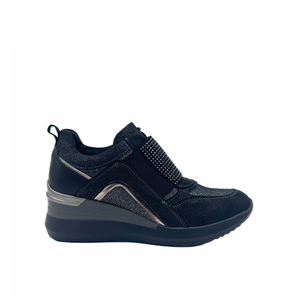 Renato Garini EX32 Pewter embellished platform sneaker, outside profile with metallic trim and a sculpted wedge sole.
