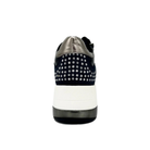 Rear view of Renato Garini EX34 blue wedge sneaker showing a metallic heel collar, sparkling studded heel panel and white wedge sole