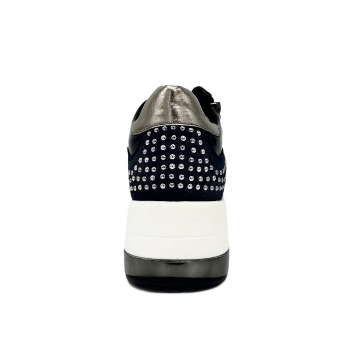Rear view of Renato Garini EX34 blue wedge sneaker showing a metallic heel collar, sparkling studded heel panel and white wedge sole