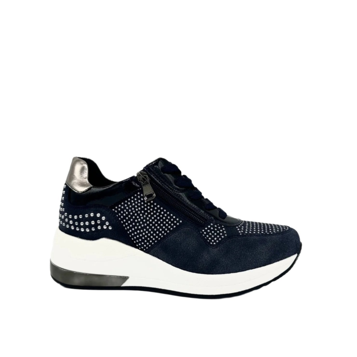 Renato Garini EX34 blue wedge sneaker with sparkling studded panels, side zipper, lace-up front and contrasting white sole, side profile