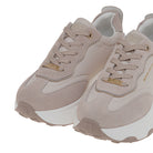 RENATO GARINI EX34 beige wedge sneakers, cropped close-up of the pair showing tonal laces, layered toe panels and gold-tone details