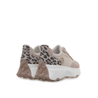 RENATO GARINI EX34 beige wedge sneakers, rear view of the pair showing leopard-print heel panels and textured outsole details