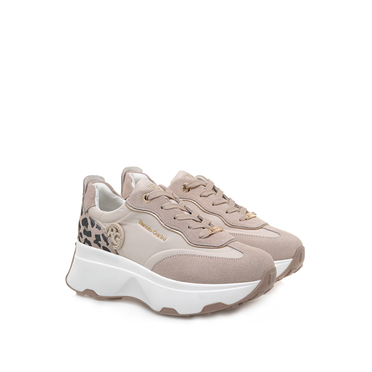 RENATO GARINI EX34 beige wedge sneakers, three-quarter view of the pair showing layered panels, laces and platform soles