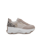 RENATO GARINI EX34 beige wedge sneaker, side profile showing a leopard-print heel panel, circular RG emblem and sculpted sole