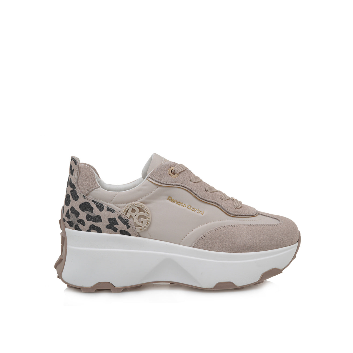 RENATO GARINI EX34 beige wedge sneaker, side profile showing a leopard-print heel panel, circular RG emblem and sculpted sole