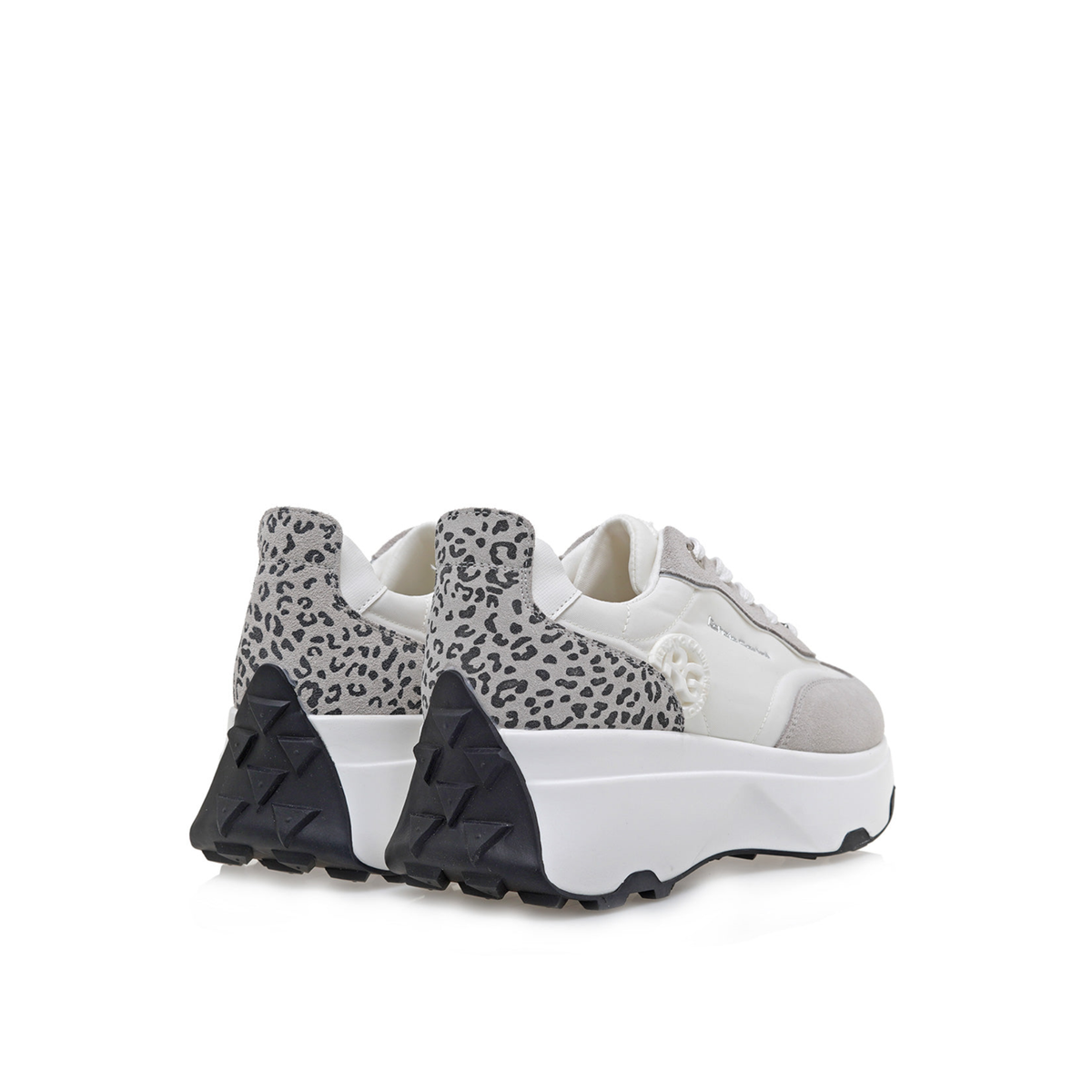 RENATO GARINI EX34 gray wedge sneakers, rear view of the pair showing leopard-print heel panels and textured outsole details