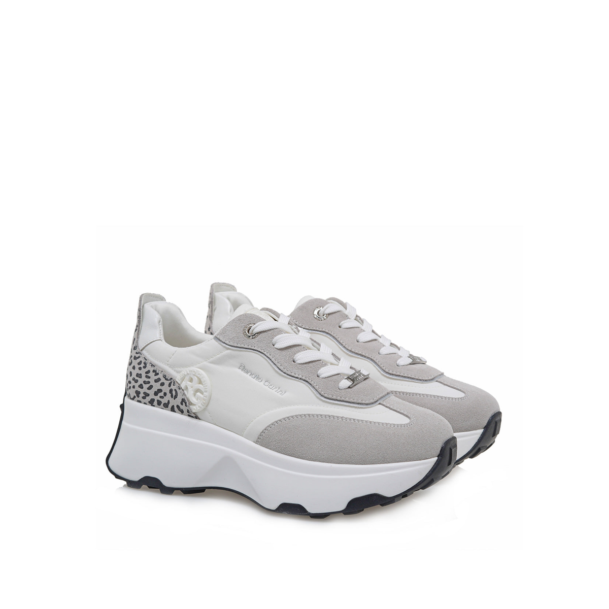 RENATO GARINI EX34 gray wedge sneakers, three-quarter view of the pair showing layered panels, laces and platform soles