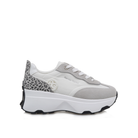 RENATO GARINI EX34 gray wedge sneaker, side profile showing a leopard-print heel panel, circular RG emblem and sculpted sole