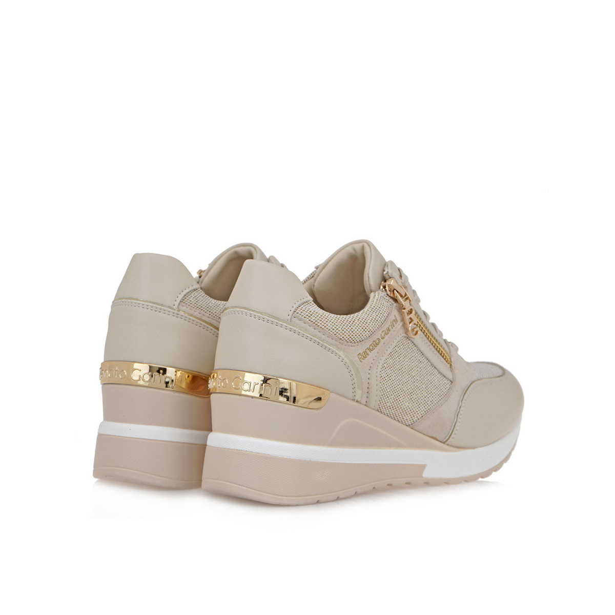 Rear angled view of Renato Garini EX50 beige wedge sneakers showing gold-tone heel bands and contrasting white sole trim