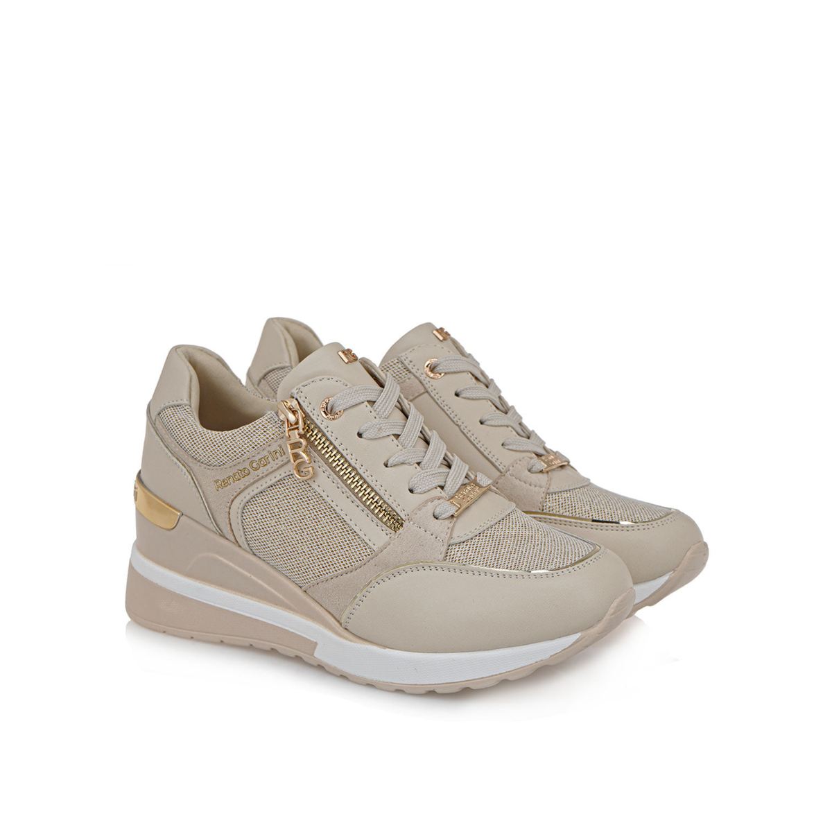 Pair of Renato Garini EX50 beige wedge sneakers at a three-quarter angle showing tonal laces, side zippers and gold-tone accents
