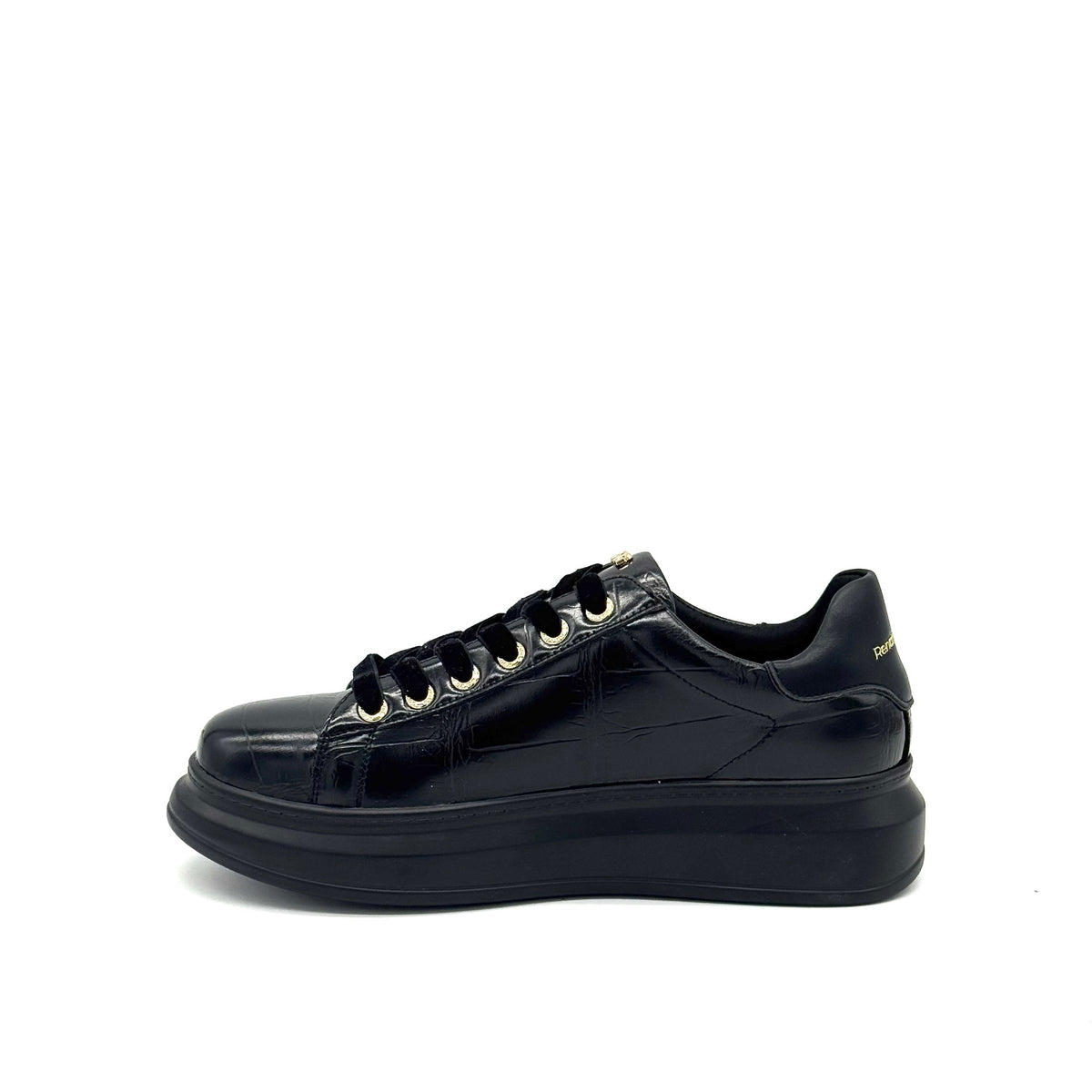 Renato Garini EX58 croc-embossed platform sneaker in black with velvet laces and chunky black platform sole