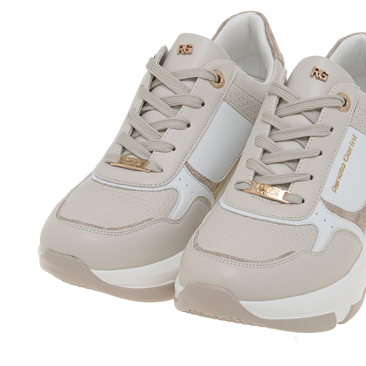 RENATO GARINI EX62 beige wedge sneakers, cropped close-up of the pair showing gold-tone eyelets, lace details and textured panels