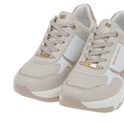 RENATO GARINI EX62 beige wedge sneakers, cropped close-up of the pair showing gold-tone eyelets, lace details and textured panels