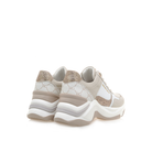 RENATO GARINI EX62 beige wedge sneakers, rear view of the pair showing monogram panels and sculpted wedge soles