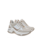 RENATO GARINI EX62 beige wedge sneakers, three-quarter view of the pair showing laced fronts and gold-tone accents