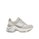 RENATO GARINI EX62 beige wedge sneaker, side profile showing textured panels, monogram heel detail and sculpted sole