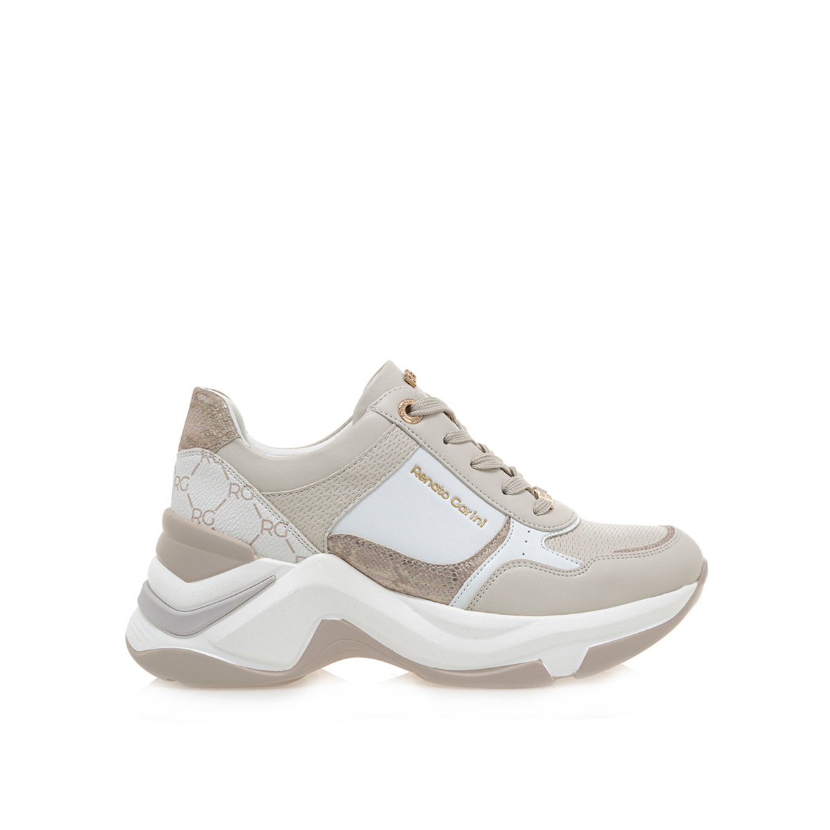 RENATO GARINI EX62 beige wedge sneaker, side profile showing textured panels, monogram heel detail and sculpted sole