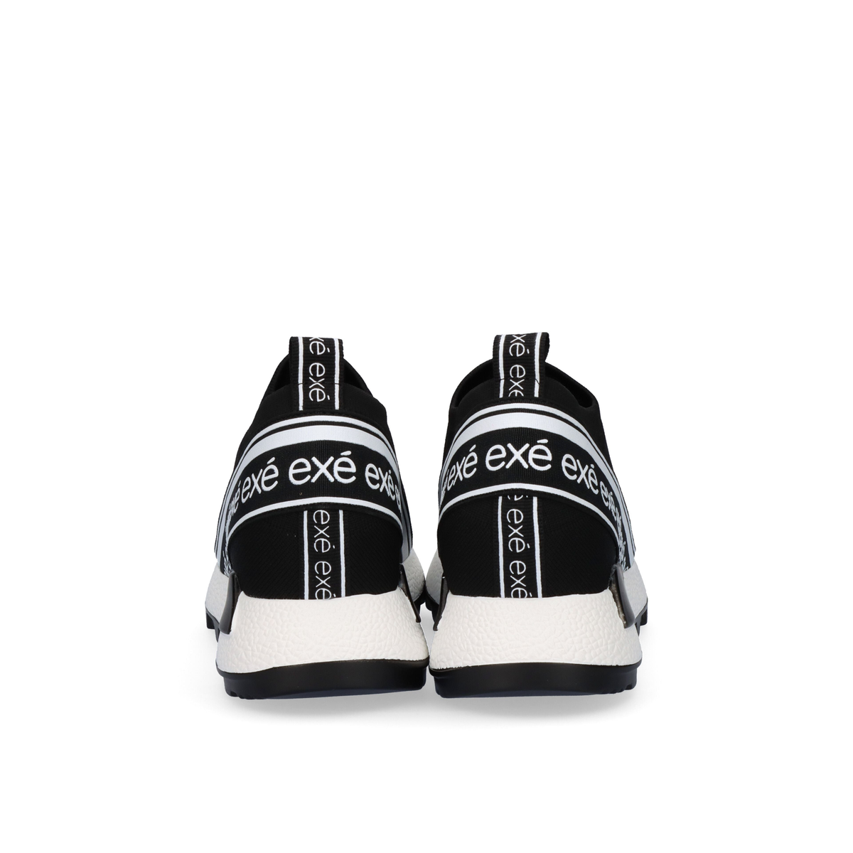 Rear view of Renato Garini EX9210 black slip-on sneakers with lettered heel bands and pull tabs