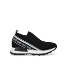 Renato Garini EX9210 black stretch slip-on sneaker with white lettering and sculpted white sole, side profile