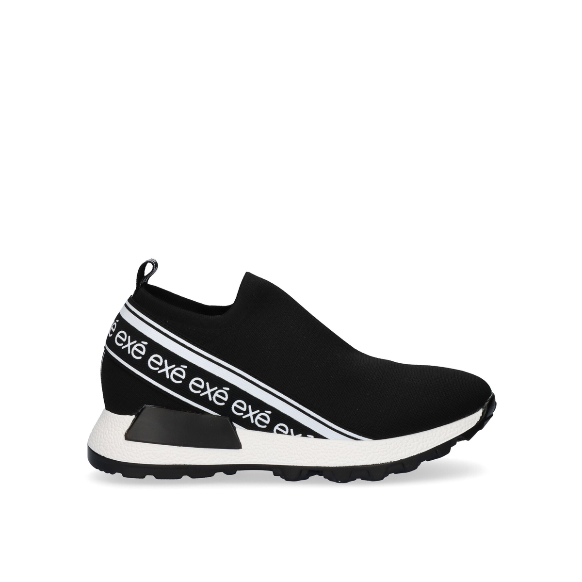 Renato Garini EX9210 black stretch slip-on sneaker with white lettering and sculpted white sole, side profile