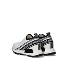 Rear angled view of Renato Garini EX9210 white slip-on sneakers showing black lettered heel bands and contrasting heel accents