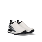 Pair of Renato Garini EX9210 white slip-on sneakers at a three-quarter angle, showing smooth knit uppers and black toe bumpers