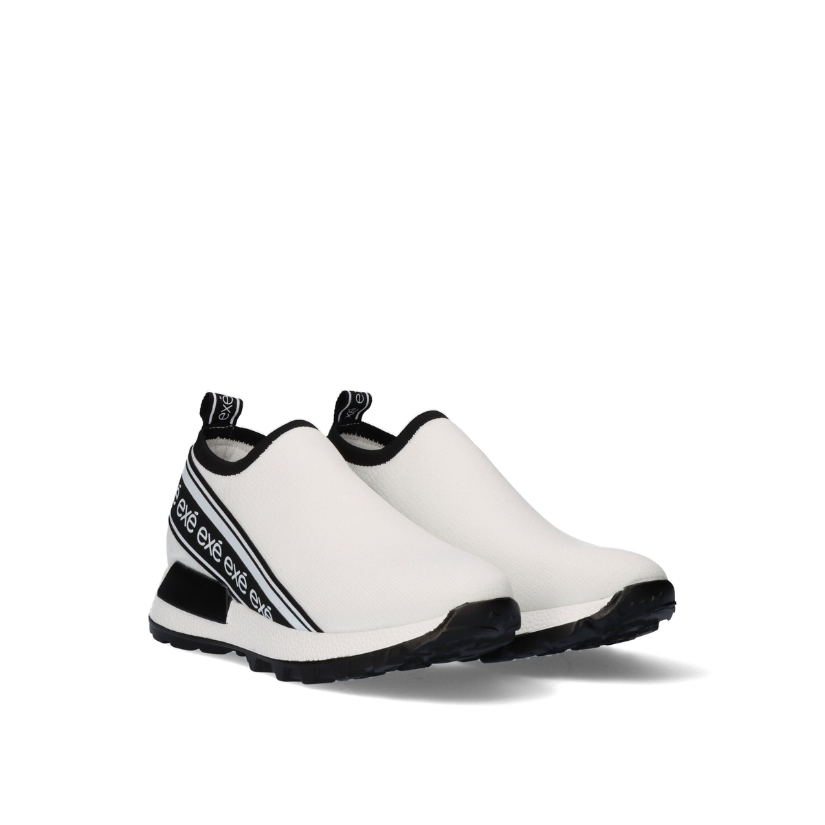 Pair of Renato Garini EX9210 white slip-on sneakers at a three-quarter angle, showing smooth knit uppers and black toe bumpers