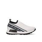 Renato Garini EX9210 white stretch slip-on sneaker with black collar, lettered side band and sculpted sole, side profile