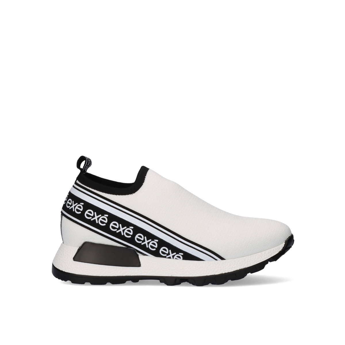 Renato Garini EX9210 white stretch slip-on sneaker with black collar, lettered side band and sculpted sole, side profile
