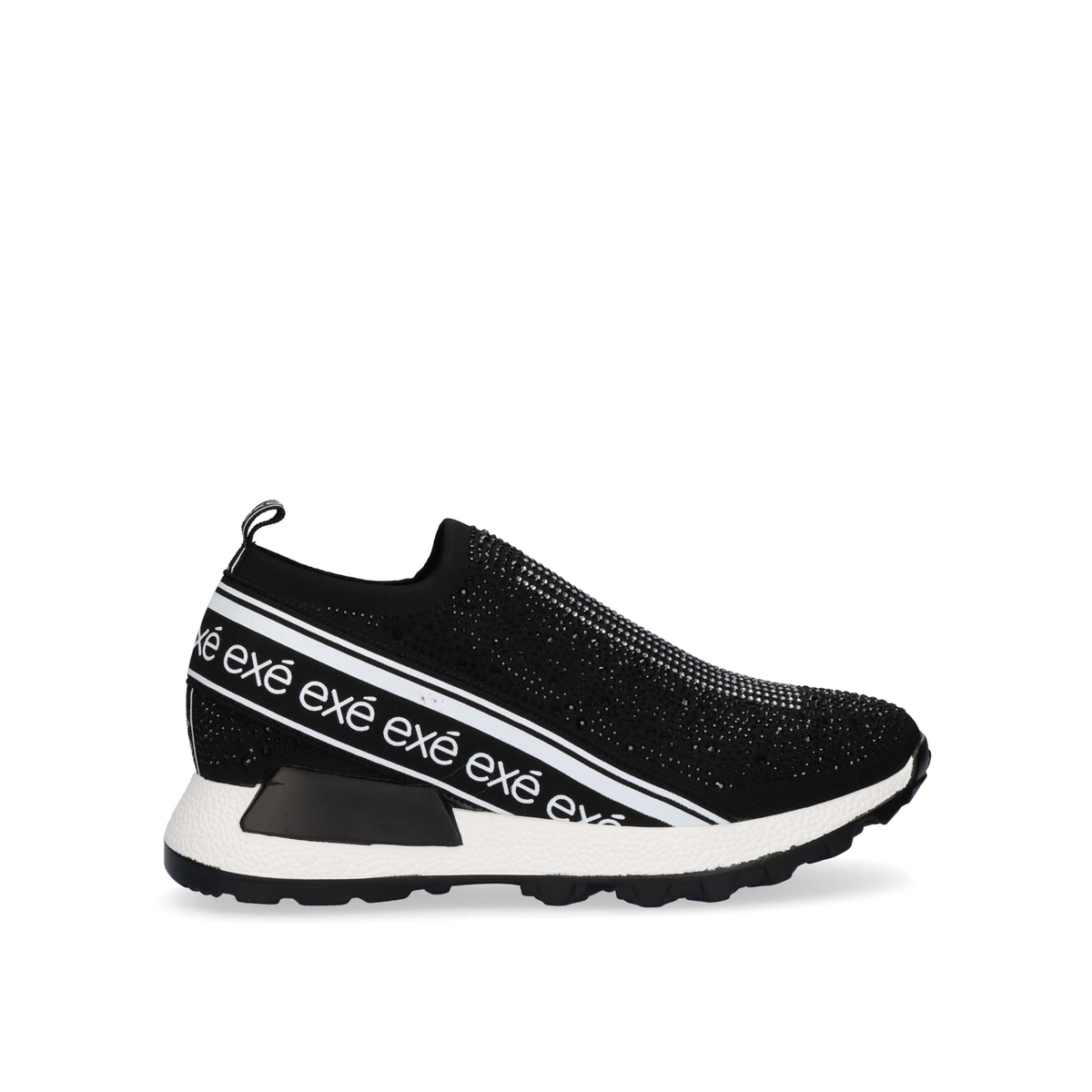 Renato Garini EX9210A Black Silver embellished slip-on sneaker with white lettering and contrasting sculpted sole, side profile