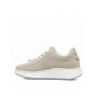 Inside profile of Renato Garini EX96 beige platform sneaker showing tonal panels, patterned heel and ribbed white sole