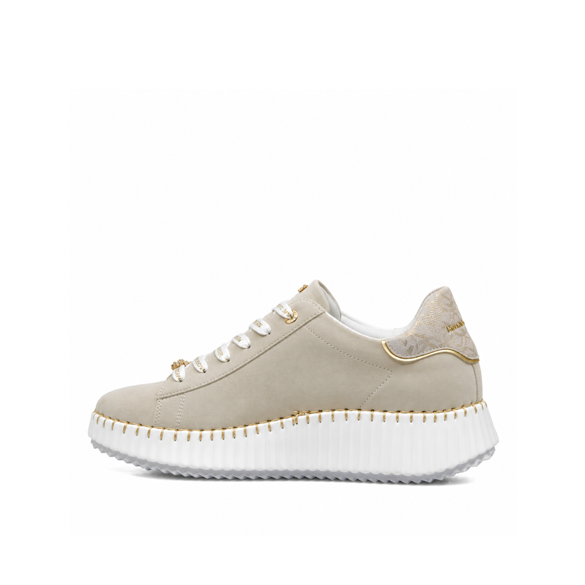Inside profile of Renato Garini EX96 beige platform sneaker showing tonal panels, patterned heel and ribbed white sole