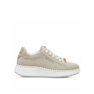 Renato Garini EX96 beige platform sneaker with gold-tone whipstitch trim, patterned heel panel and ribbed sole, side profile