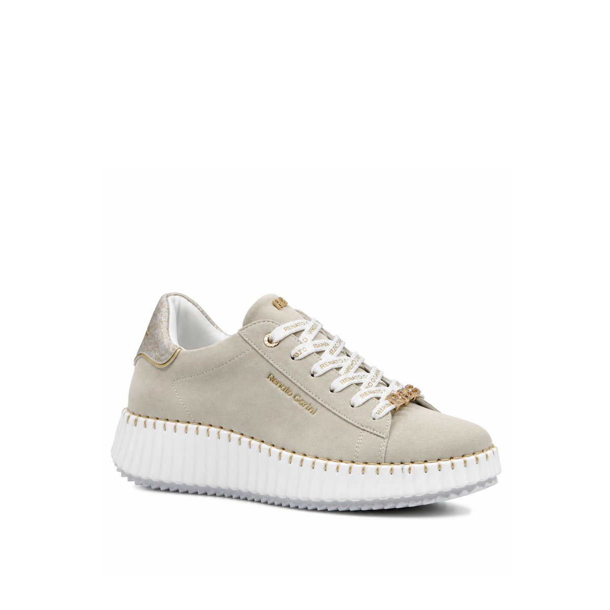 Renato Garini EX96 beige platform sneaker at a three-quarter angle showing decorative lace accent and gold-tone stitching