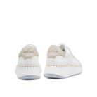 Rear angled view of Renato Garini EX96 white sneakers showing patterned heel panels, gold-tone trim and platform soles